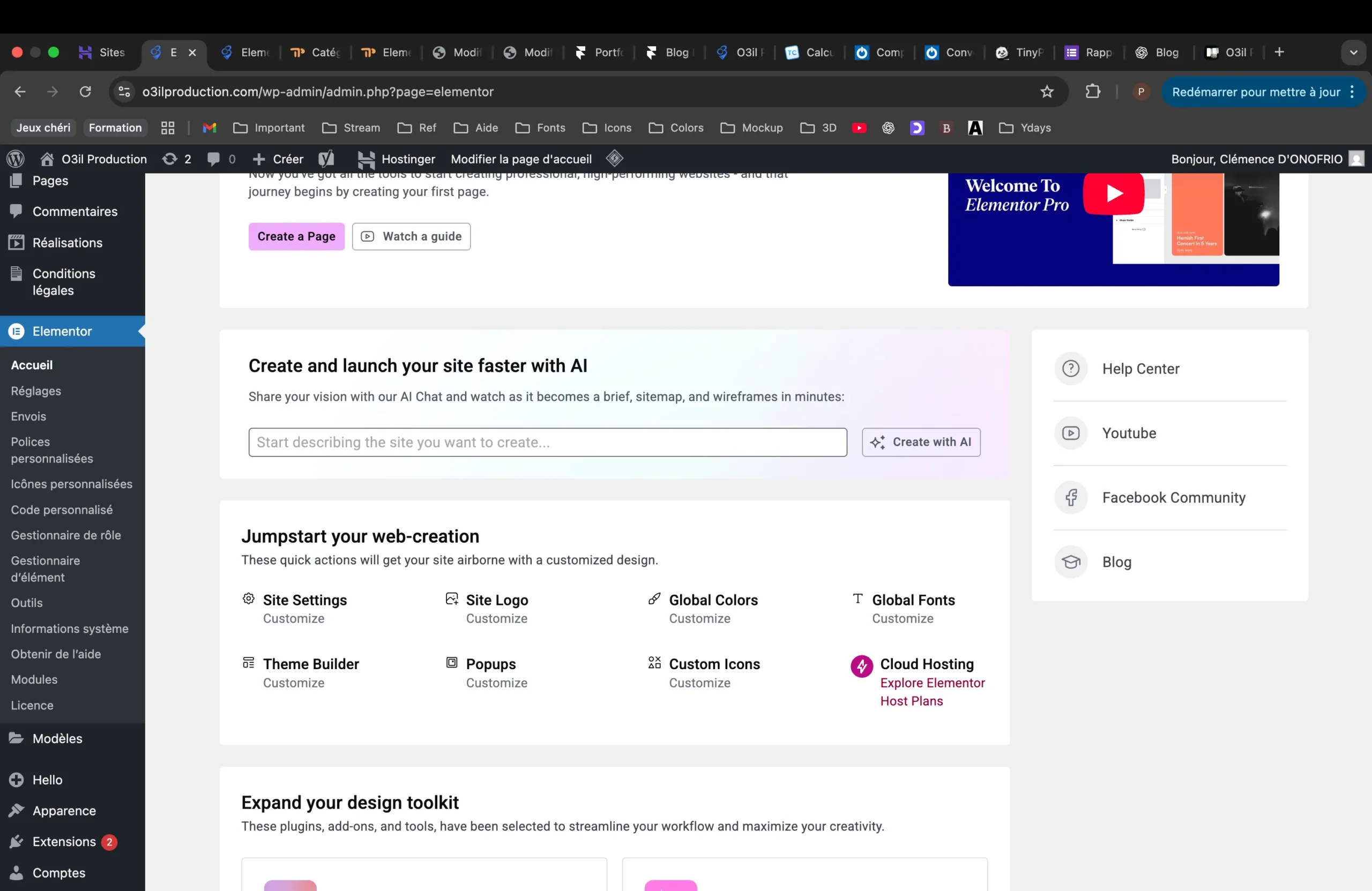 Capture d’écran d’Elementor Pro, illustrant l’apprentissage de Tiffanie qui a dompté l’outil pas à pas pendant son stage.
