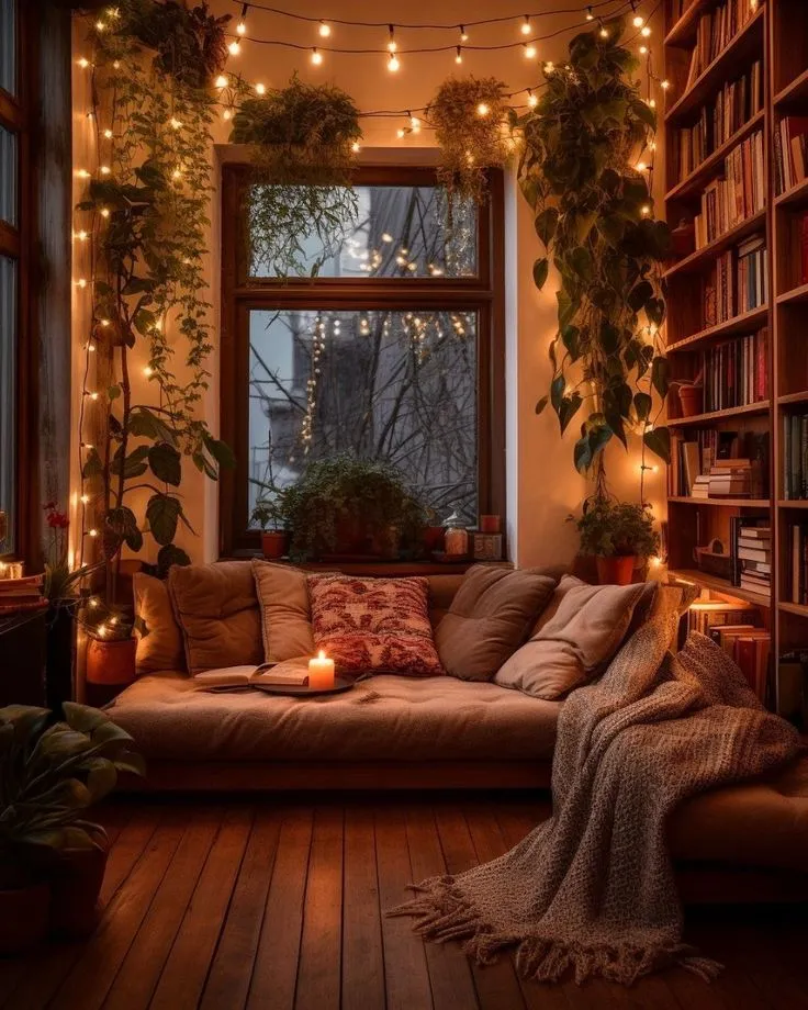 Un coin lecture chaleureux avec coussins, guirlandes lumineuses et plantes vertes autour d’une grande fenêtre