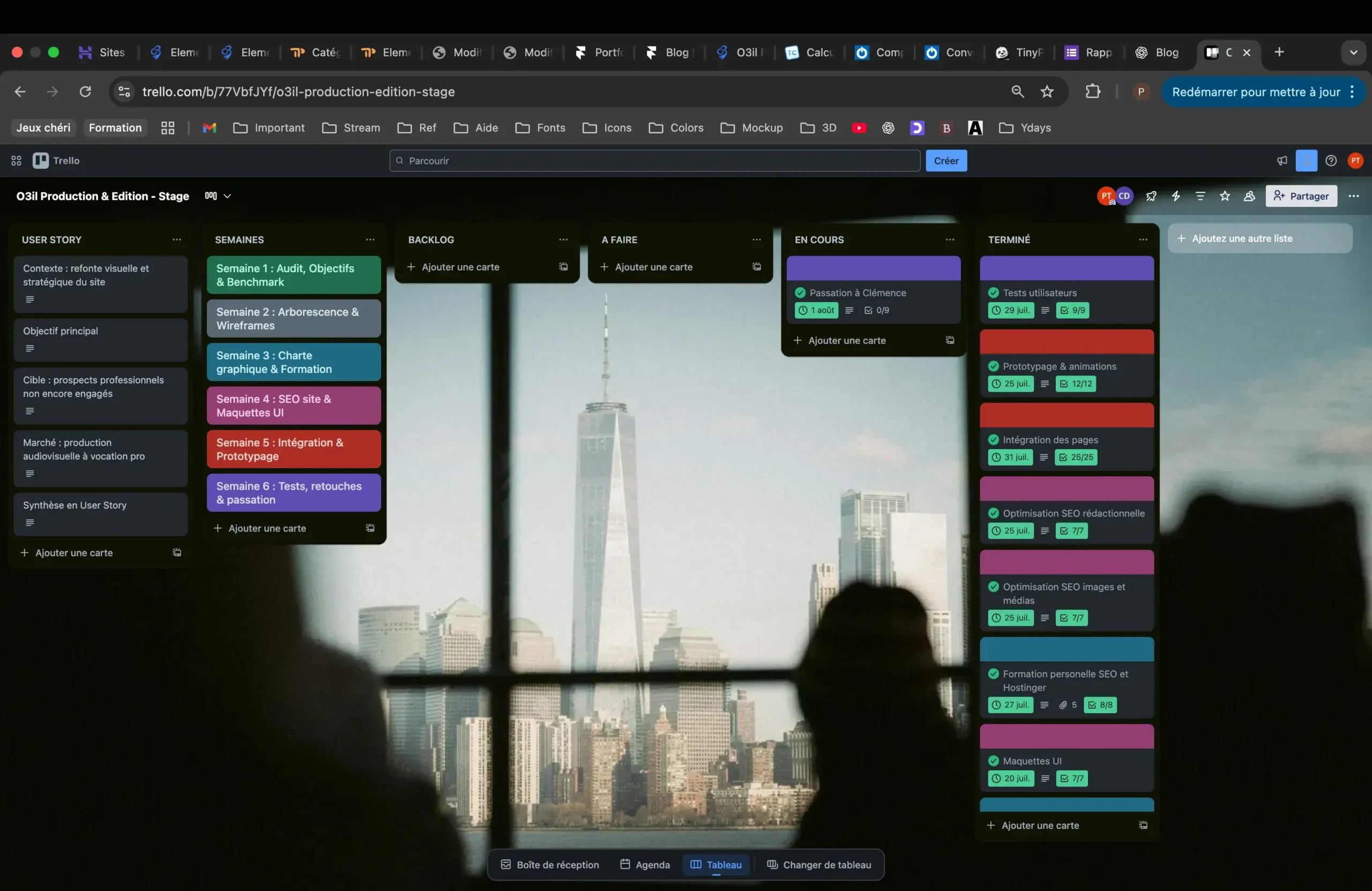 Tableau Trello utilisé par Tiffanie pour organiser son stage avec la méthode agile et suivre chaque étape du projet web.