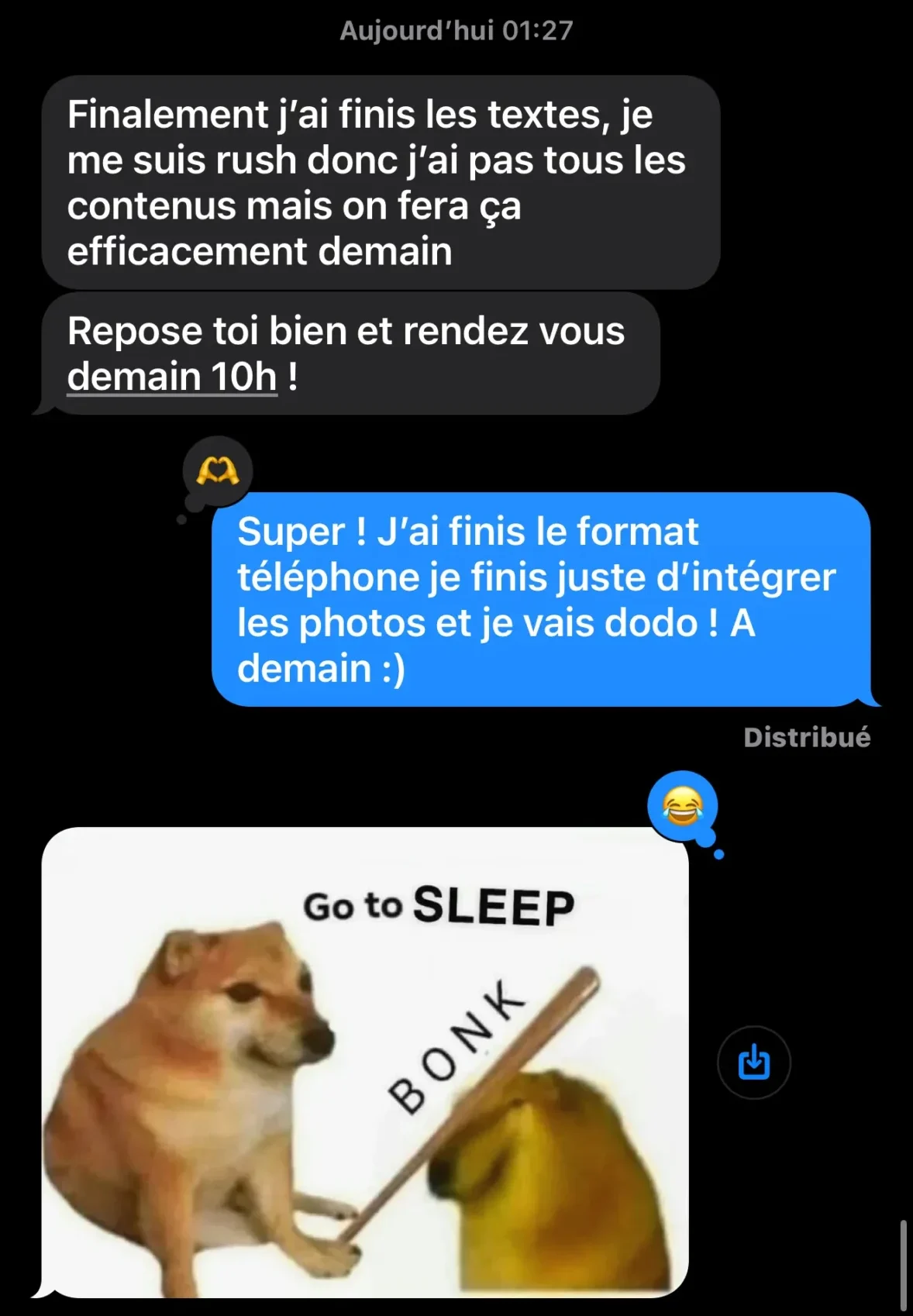 Échanges de messages entre Tiffanie et Clémence pendant l’avancement du projet web