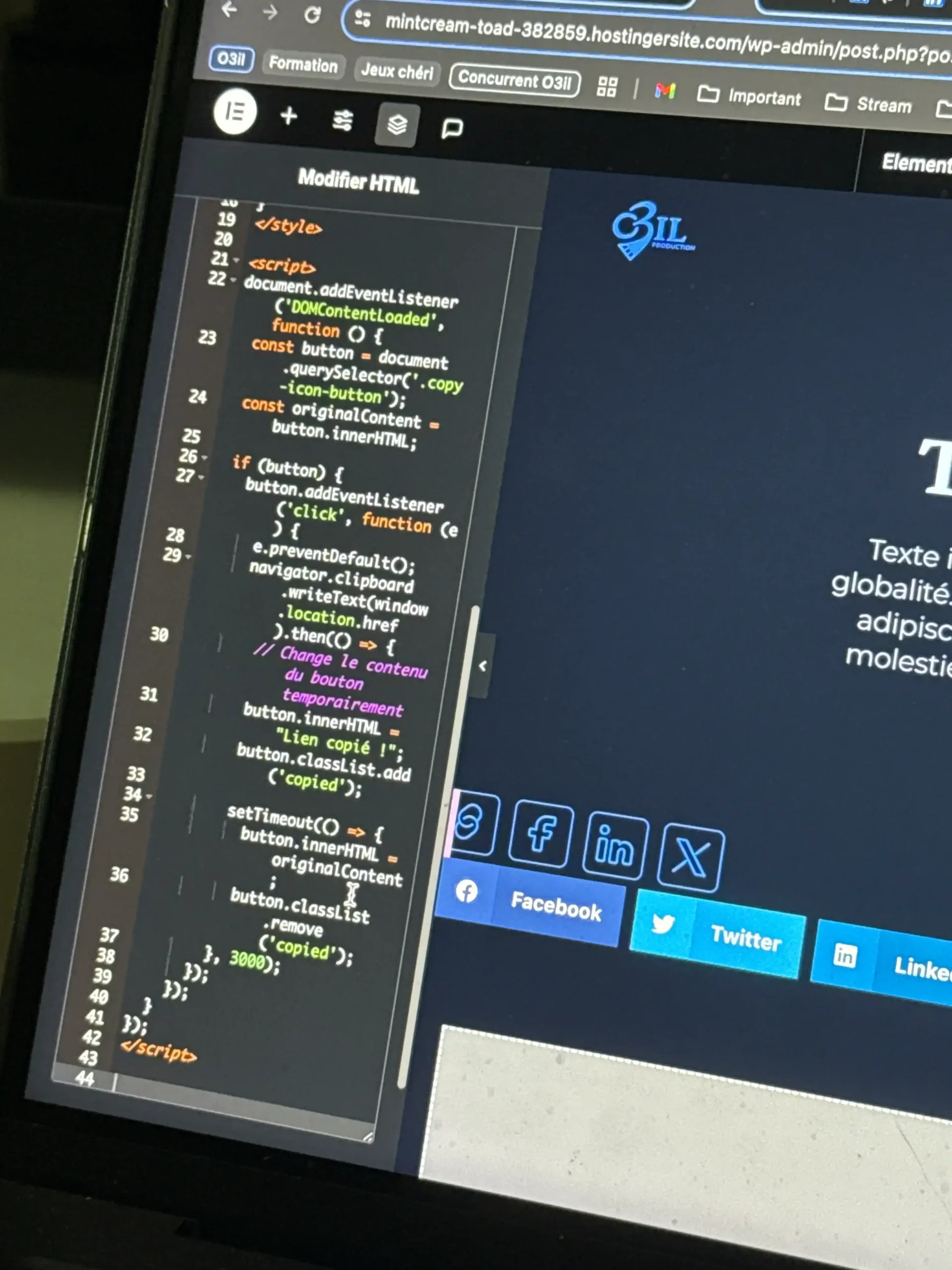 Code HTML et JavaScript ajouté dans WordPress pour corriger le bouton « copier le lien » sur un site conçu avec Elementor.