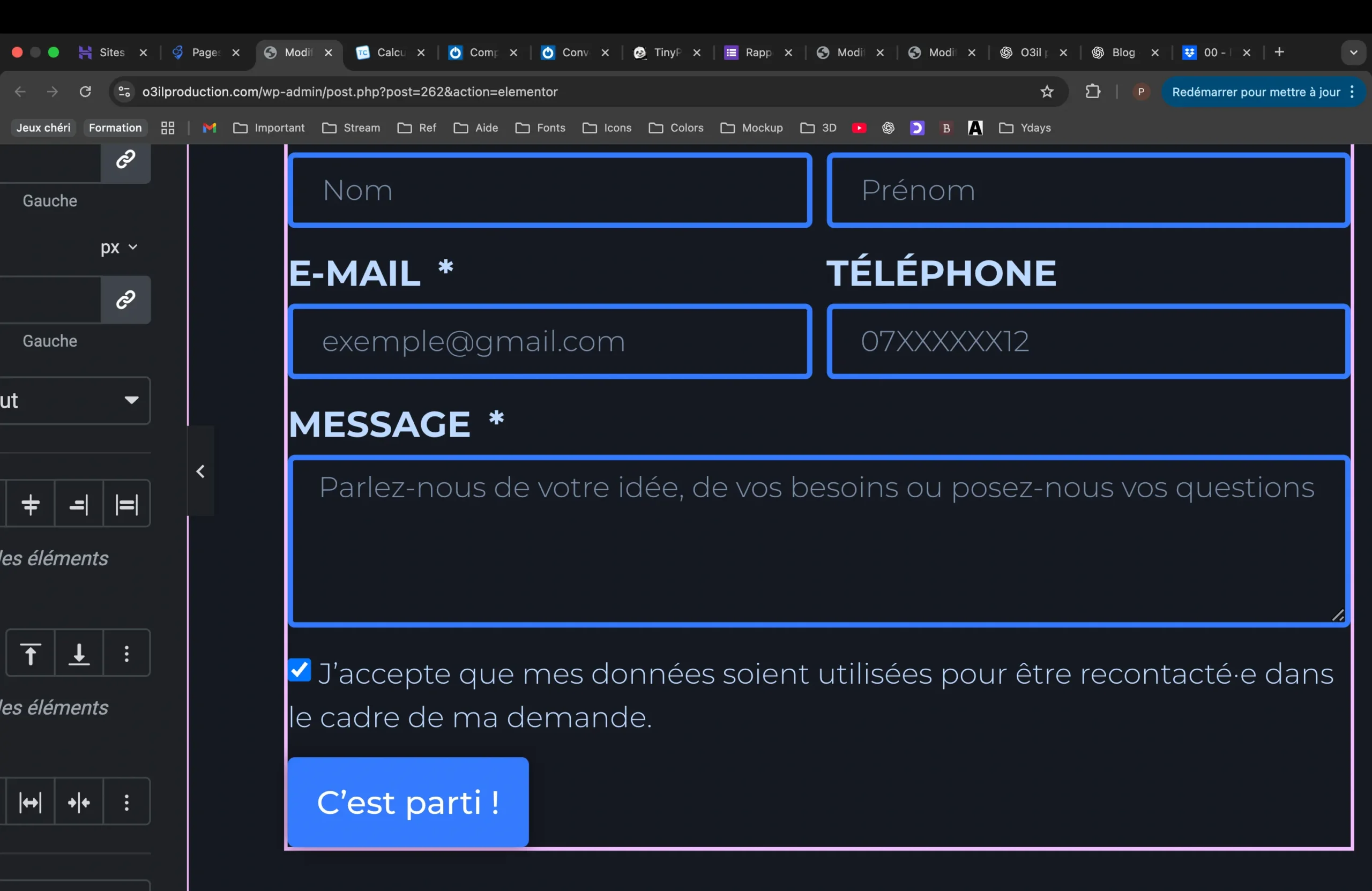 Formulaire de contact WordPress intégré avec Elementor, incluant une checkbox personnalisée après correction d’un bug CSS.
